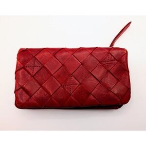 Vilenca Holland Red Woven Leather Bifold Wallet Womens Card Case Zip Pocket